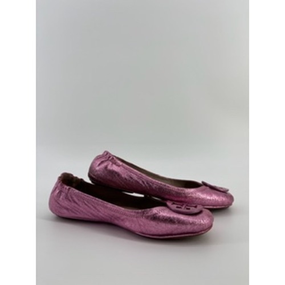 Tory Burch Minnie Travel Ballet Flats Metallic Pink Crackle Leather Logo Size7.5 - Picture 5 of 7